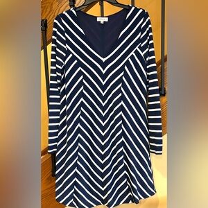 Crescent Dress Chevron Pattern Navy Ivory Lined Long Sleeve SZ. Small￼